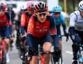 Former Tour de France winner Geraint Thomas is wrapped up warm