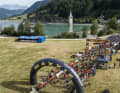 Stage 4 starts in Graun directly on the shores of Lake Reschen. In the background: the sunken church tower is now known worldwide from the Netflix series "Curon".