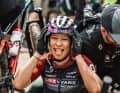Nina Graf arrives at the finish and is visibly relieved. Here still in her Lexware team outfit.