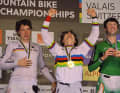 Shout of victory: Jackson Goldstone becomes downhill world champion. German up-and-coming talent Henri Kiefer (left) surprisingly takes the runner-up title. Bronze for Ronan Dunne (IRL)
