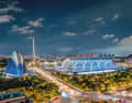 The Ciudad de las Artes y las Ciencias architectural ensemble looks futuristic at night.