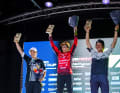 Tracy Moseley repeatedly finishes on the podium in the E-Enduro World Cup, like here in Les Gets in 2023.