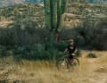 Großer grüner Kaktus: Die Saguaro-Kakteen in Arizona sind extrem beeindruckend. Exemplare wie dieses Prachtstück sind mehrere Hundert Jahre alt. Der Größenvergleich mit BIKE-Reporter Henri Lesewitz zeigt, wie riesig die Saguaro-Kakteen werden können.