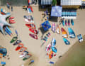 Numerous windsurfing, kite, wing and SUP brands come to the lake, which was flooded in 2012. Photo: Stephan Flad