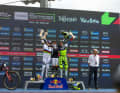 Das Podium der Frauen in Val di Sole: Cabirou vor Höll und Hrastnik.