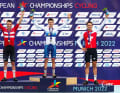 The medal winners at the 2022 European Mountain Bike Championships: Tom Pidcock (centre), Sebastian Fini Carstensen (left) and Filippo Colombo from Switzerland.