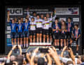 The podium of the World Championship relay race at the 2022 World Championships in Les Gets.