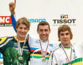Weltmeister Fabien Barel (mitte) Greg Minnaar (li.), Sam Hill (re.)