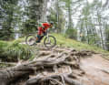 Beherzt abheben: Der Boost Drop ist eine der praktischsten Errungenschaften der neuen E-MTB-Fahrtechnik. Denn dieses Manöver hilft einem mal schnell in heiklen Situationen aus der Patsche. An Stufen, die zu steil sind, um sie fahrend zu überwinden, gibt man einfach kurz Gas und plumpst sicher auf beide Räder.
 Drops funktionieren normalerweise erst ab einer bestimmten Geschwindigkeit. Nicht so beim E-MTB. Denn vor allem in höheren Unterstützungsstufen liefert der Motor ausreichend Kraft, um Schwung ins Bike zu bekommen. Wichtig ist nur das richtige Pedal-Management. Der Drop funktioniert so auch bei langsamen, technischen Fahrten im Trail.
 Kommt man nun an einen kritischen Absatz, den man nicht ohne Weiteres abrollen kann, dann sollte man eine Radlänge vor der Kante den "falschen" Fuß vorne haben (Bild 1).