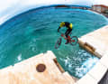In the harbour slopestyle, the bunny hop has to be right, otherwise you'll not only end up wet, but also bloody.

