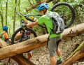 Remnants of the last big storm. But the trail fun continues uninterrupted behind the fallen trees.