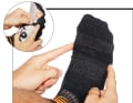 1 Feel the toe joints: To place the pedal plate in the correct position, first feel the base joints of the big and little toes without shoes. It is easier if you tighten your toes slightly. Then repeat feeling the metatarsophalangeal joints in the shoe. Mark the joints on the side of the shoe with some adhesive tape or a pen.