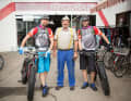 Three pioneers in one pile. Andi Heckmair (centre) was the first person to cross the Alps on an MTB. Mattias Buße and Daniel Schneider have now done the same on their fat bikes.