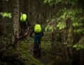 With their rucksacks packed, the two fat bikers almost look like fireflies.