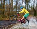 SPLASH: Almost there. As soon as the rear wheel has cleared the puddle, bring the centre of gravity back to a central position. The front of the bike then tilts automatically.