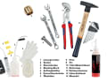 You need these tools: 1. line cutter, 2. syringe, 3. clamping jaws, 4. bleeding block, 5. collection container, 6. disposable gloves, 7. oil container, 8. olive, 9. pin, 10. 7/8 open-end spanner, 11. pipe spanner, 12. locksmith's hammer, 13. Allen key, 14. mineral oil