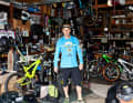 Hans Rey in his garage in Laguna Beach.