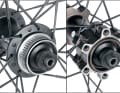 Centerlock und 6-Loch: DT Swiss und Shimano haben Naben mit Centerlock-Aufnahme (links) im Programm. Wer daran eine Sechs-Loch Bremsscheibe fahren will, kann einen Centerlock-Adapter nutzen. Umgekehrt funktioniert das nicht.