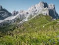 The Lungiarü valley is exemplary for the Ladin Dolomites: The mighty rock faces of the Puez-Geisler massif shoot up like mushrooms from plush alpine meadows.
