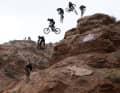 Cam Zink circles over a cliff in a 360 drop. Red Bull did away with wooden constructions this year. The motto: to become more natural.