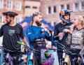 Best Trick candidates among themselves (from left to right): Thomas Lemoine with atomic hairstyle is unfortunately unable to compete in the main event due to injury. Nicholi Rogatkin with his visorless helmet, slopestyle dominator Emil Johansson and front flipper Caroline Buchanan.