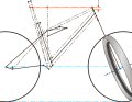 When the front wheel is folded to the side, the head tube is lowered forwards. The vertical red line shows the stack.