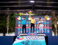 The men's podium: 2nd Slawomir Lukasik, 1st Daniel Booker, 3rd Alex Rudeau (from left to right)