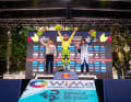 The women's podium: 2nd Ella Conolly, 1st Harriet Harnden, 3rd Morgan Charre (from left to right).