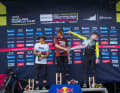 The men's podium from left to right: Alex Rudeau (2nd place), Daniel Booker (1st place) and Slawomir Lukasik (3rd place).