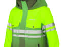 The jacket comes in bright green, with a high collar and generous hood.