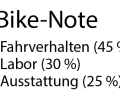 Benotung: Das BIKE-Urteil setzt sich aus den subjektiven Eindrücken der Testfahrer und unseren Labormesswerten zusammen. Das Urteil ist preisunabhängig.  Notenspektrum: sehr gut (0,5–1,5), gut (1,6–2,5), befriedigend (2,6–3,5), ausreichend (3,6–4,5), mangelhaft (4,6–5,5).