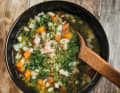 The result is simple but energising dishes, such as this vegetable soup with wheat grains and pancetta.