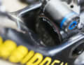The Rockshox shock is deeply embedded in the down tube. However, this makes the rebound and air valve difficult to reach.