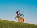 Ride on the hay bale: Danny MacAskill comes up with the craziest ideas. The stunt (photo) can be seen in his clip "Wee Day Out"