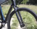 The head tube of the Giant Revolt X Advanced Pro 2 houses a Rockshox Rudy suspension fork with a 40 millimetre crumple zone.