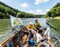 hat a shuttle to the start of the trail: a barge into the Danube gorge! Okay, the wooden barge doesn't help with the metres in altitude later on.