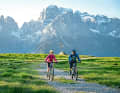 Peter Schlickenrieder with his wife Andrea on the way to the Rifugio Ritorto - with the Brenta Dolomites above Madonna di Campiglio behind him.