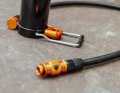 The Lezyne rests on the ground when pumping. A small folding foot provides additional stability
