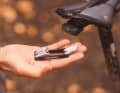 The mini-tool is ready to hand under the saddle. A cover keeps the worst of the dirt out. The tool weighs just 80 grams.