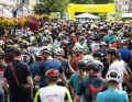 A colourful group: mountain bikers from 25 nations take part in the Alpentour Trophy. The race starts every day in the pedestrian zone of Schladming. Photo: Marketa Navratilova