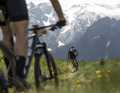 Maxxis BIKE Transalp 2024: the single trail through the flower meadow in front, the view of the glaciers behind.