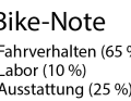 Benotung: Das BIKE-Urteil setzt sich aus den subjektiven Eindrücken der Testfahrer und unseren Labormesswerten zusammen. Das Urteil ist preisunabhängig.  Notenspektrum: sehr gut (0,5–1,5), gut (1,6–2,5), befriedigend (2,6–3,5), ausreichend (3,6–4,5), mangelhaft (4,6–5,5).