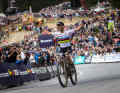 Nino Schurter at his home victory in Lenzerheide 2023. At home in Switzerland, Schurter particularly enjoys riding to the top of the podium.