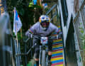 In the classic setup: Tomas Slavik full throttle over colourful stairs at the Red Bull Cerro Abajo in Medellin, Colombia, 2023.