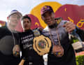 Winning types: Camilo Sanchez, Juanfer Velez and Tomas Slavik celebrate the podium of the Red Bull Cerro Abajo Series 2023.