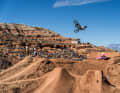 A 720 on a big bike: Tom Van Steenbergen soars over the final kicker at the 2025 Red Bull Rampage. He finishes on the podium.