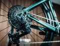 The top model shifts electronically with a Sram GX Eagle transmission rear derailleur.