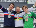 Super G winner Pierre Thévenard (centre), Henry Kerr (right) and Vincent Tupin (left)