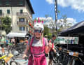 The Austrian's pink dirndl has been her trademark on the Transalp for years.