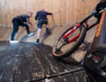 Gaspi checks the critical transition with a crew member: where it goes from the slope into the vertical wall.